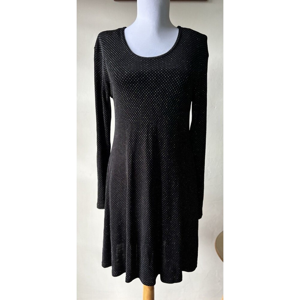 Impressions Black Metallic Polka Dot Knit A-Line Dress Glitter Long Sleeve Small